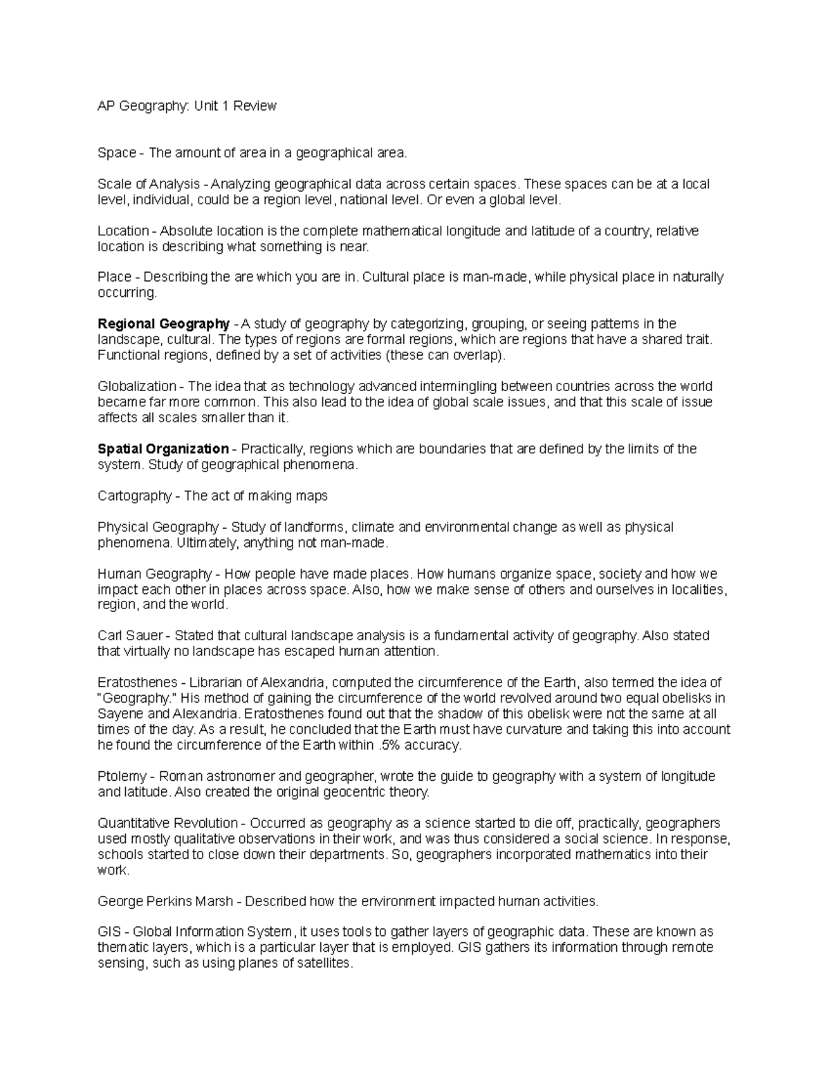 Review Lecture notes 20 AP Geography Unit 1 Review Space The