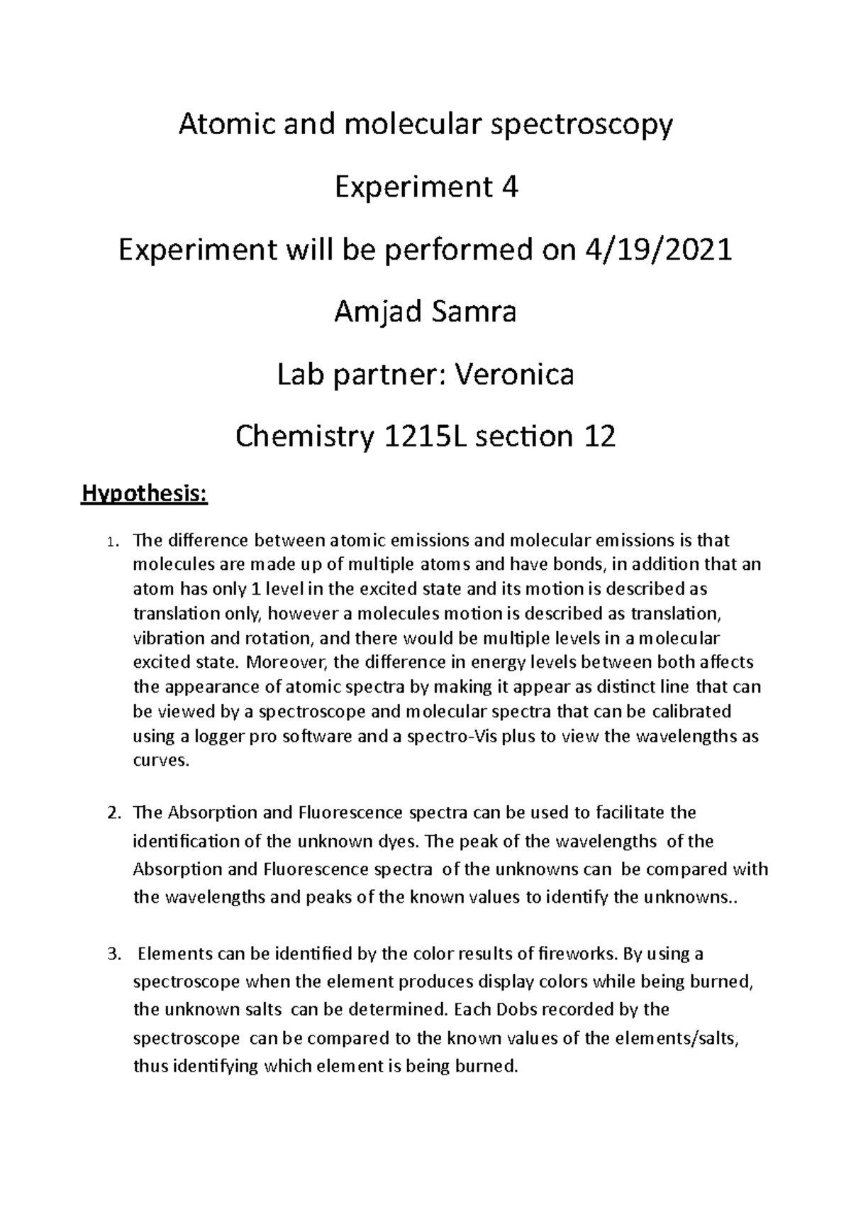 Pre lab 4 pre lab report Atomic and molecular spectroscopy