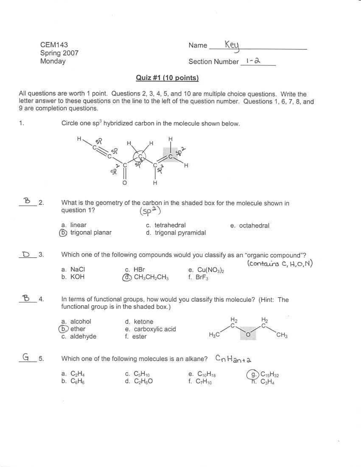 Survey Of Organic Chemistry quiz 1 CEM 143 Studocu