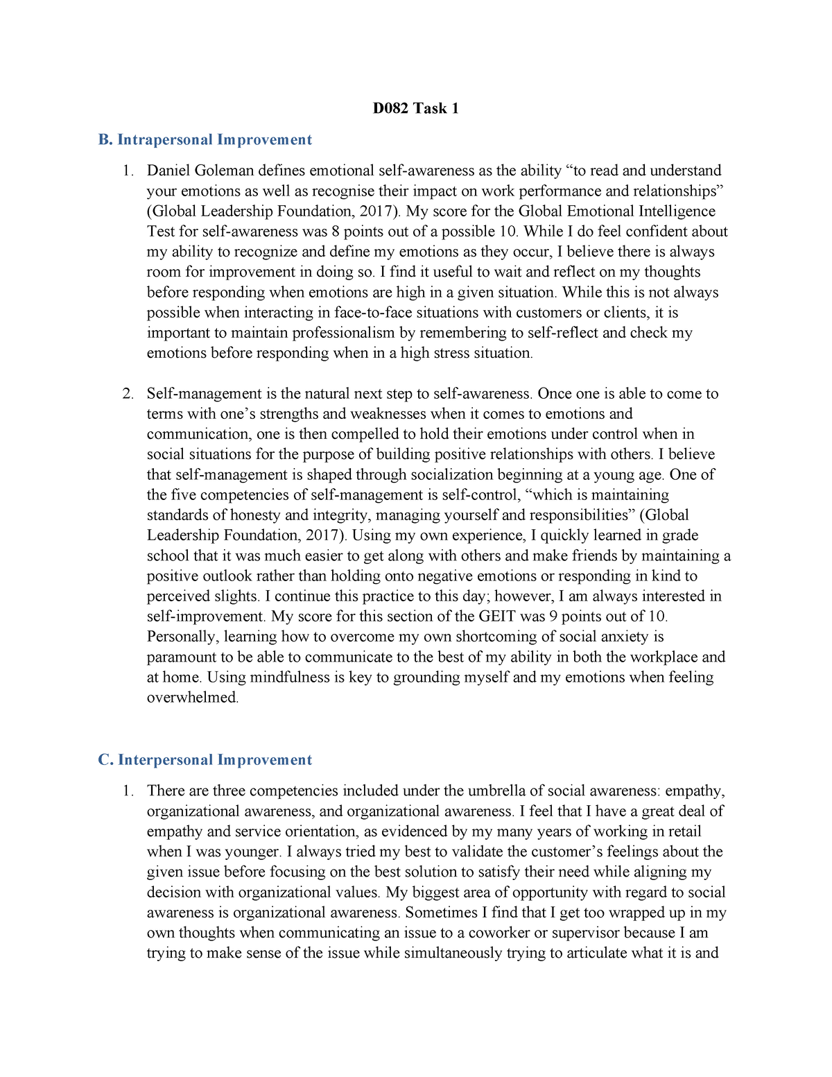 D082 Task 1 - Task 1 - D082 Task 1 B. Intrapersonal Improvement Daniel ...