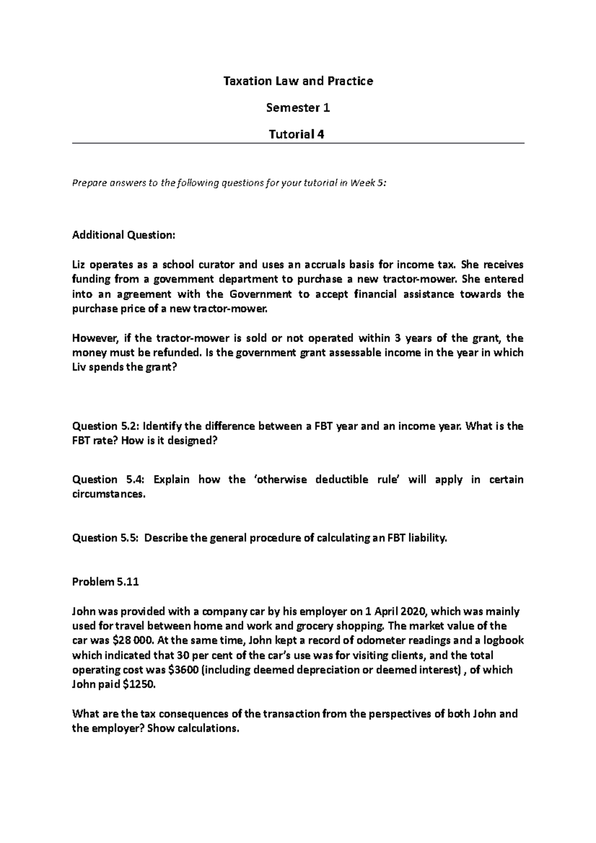 Tax Law Tutorial 4 - Taxation Law And Practice Semester 1 Tutorial 4 ...