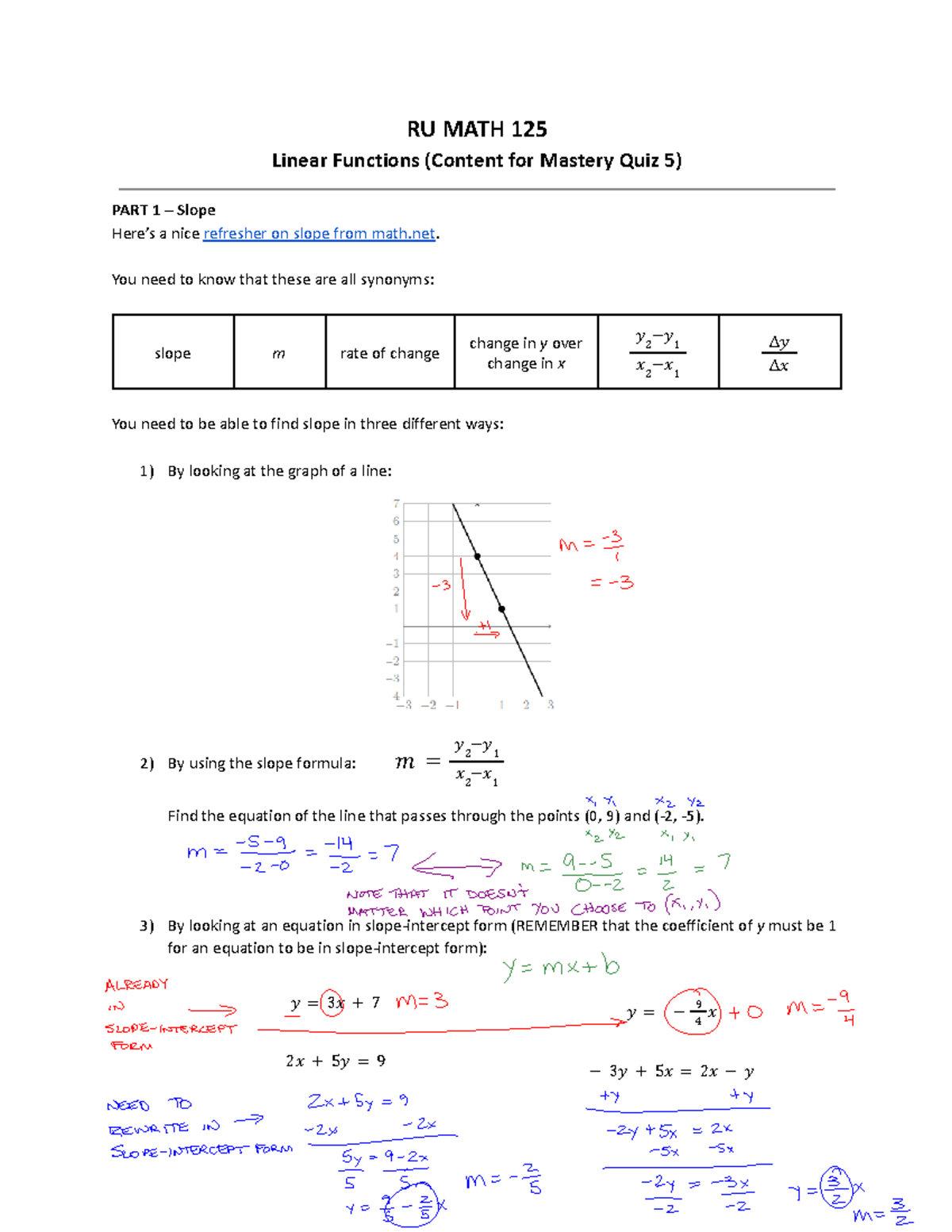 10.10 Linear functions In-class notes Blank KEY - RU MATH 125 Linear ...
