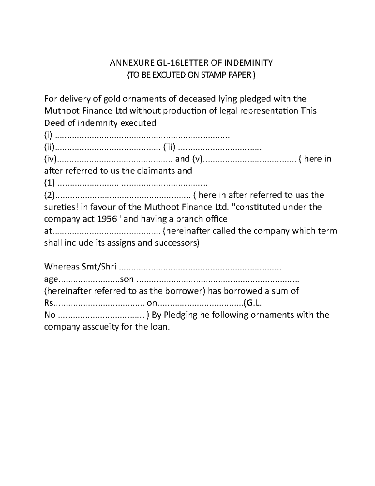 Annexure GL16 Letter OF Indeminity ANNEXURE GL16LETTER OF