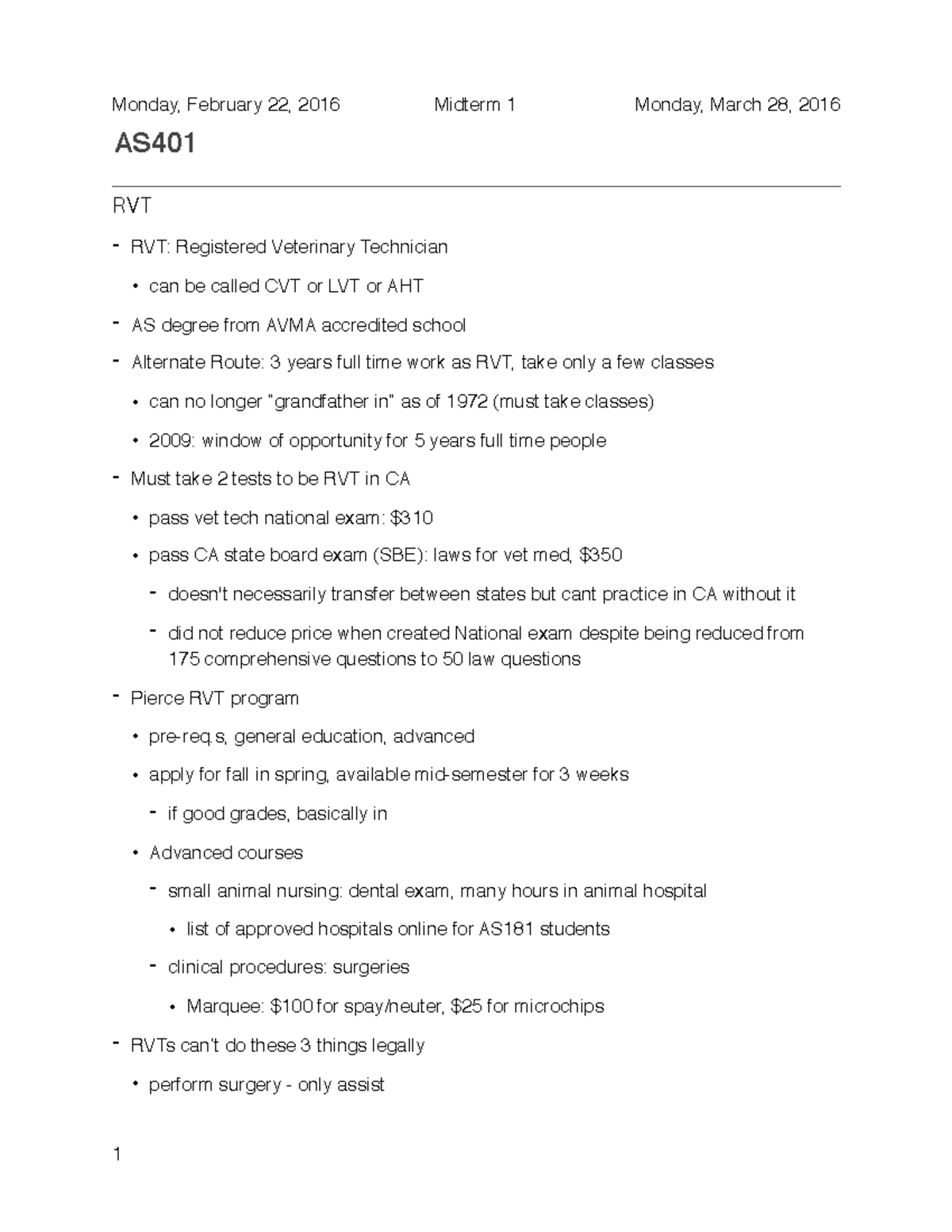AS401 Midterm 1 Study Guide AS RVT RVT Registered Veterinary