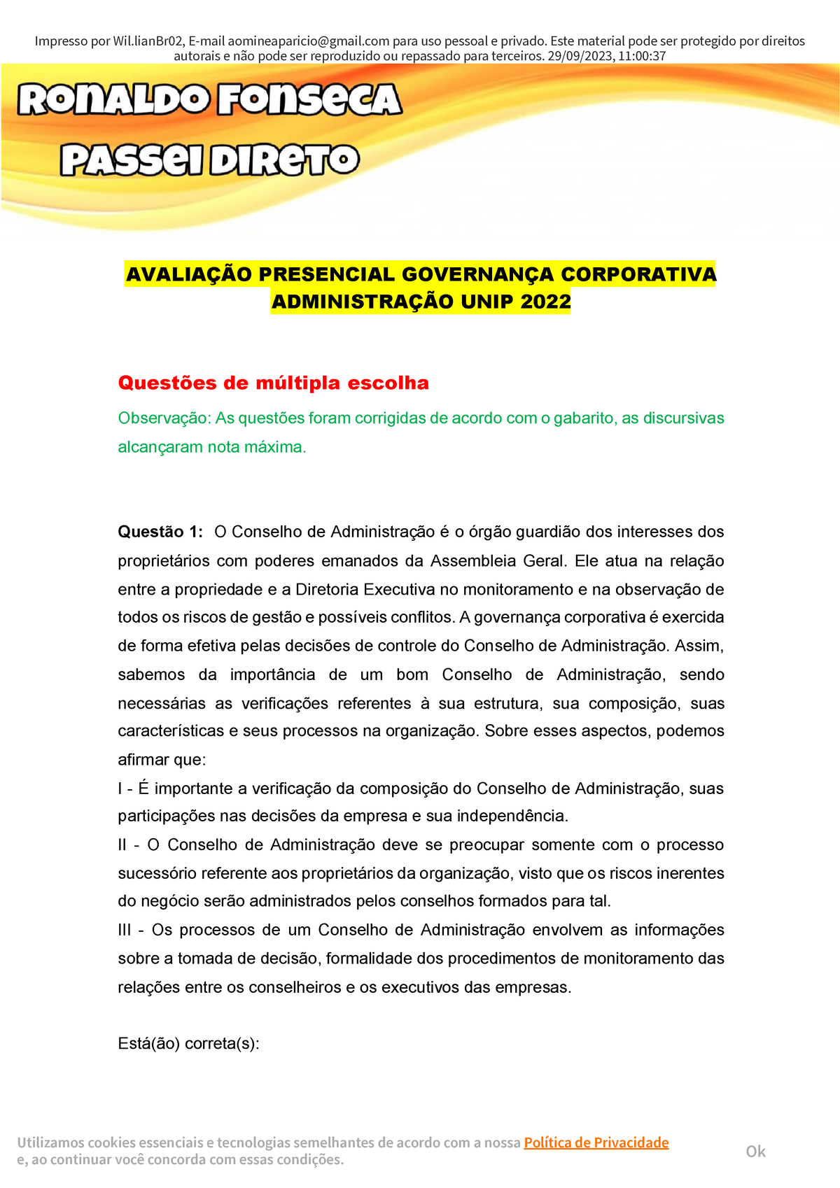 Avalia O Presencial Governan A Corporativa Administra O Unip Passei Direto Autorais E