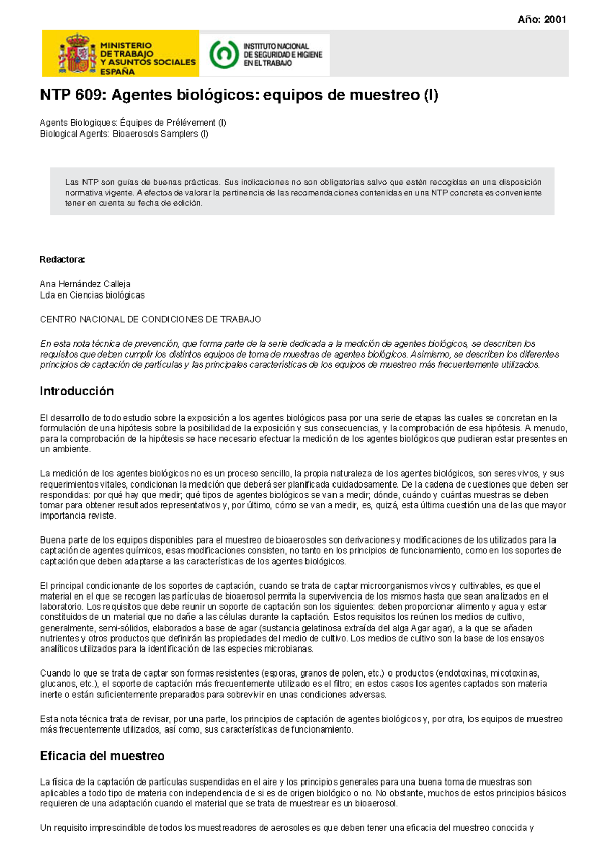 Ntp 609 - Medidores de riesgo - NTP 609: Agentes biológicos: equipos de ...