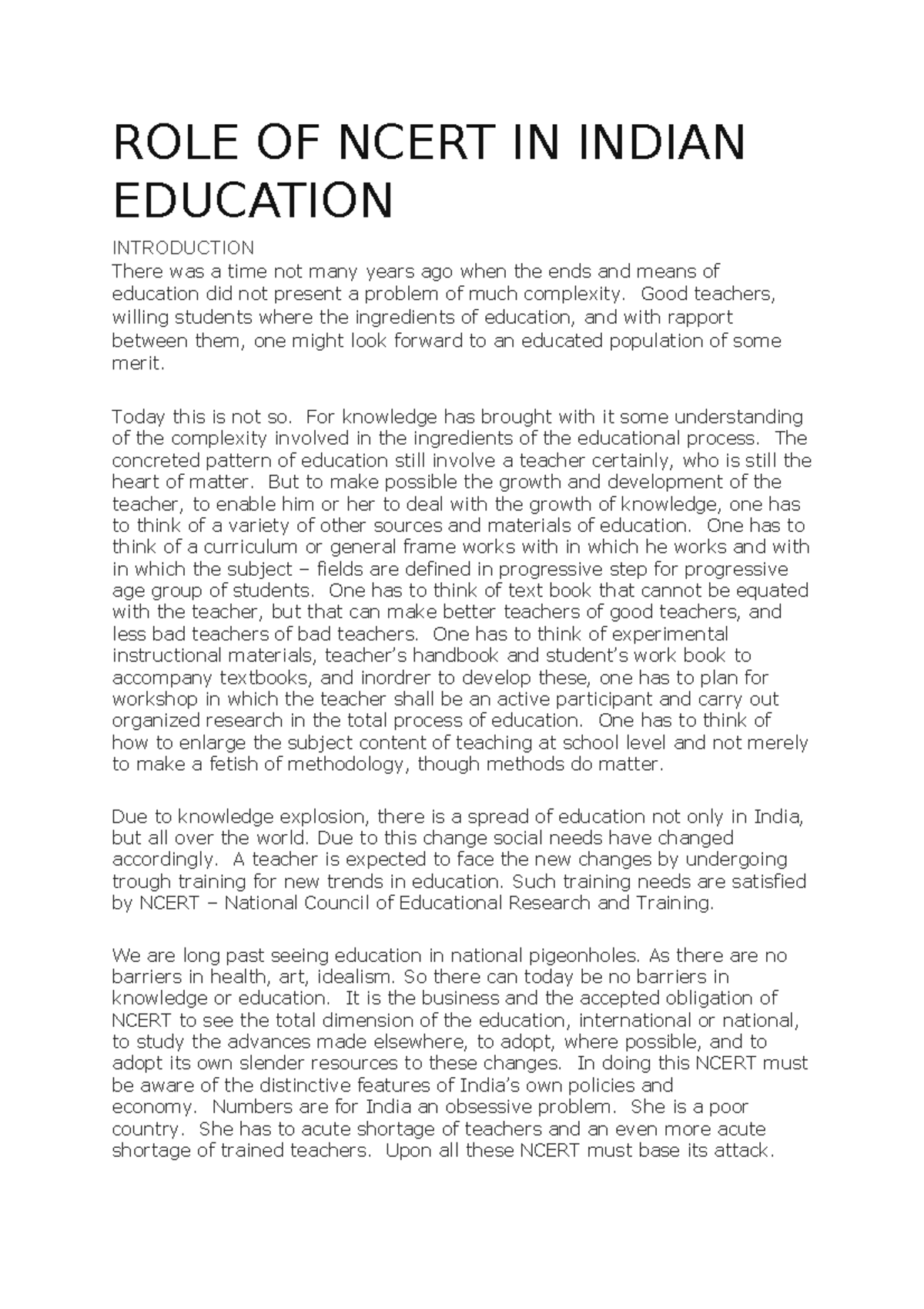 ROLE OF Ncert IN Indian Education ROLE OF NCERT IN INDIAN EDUCATION