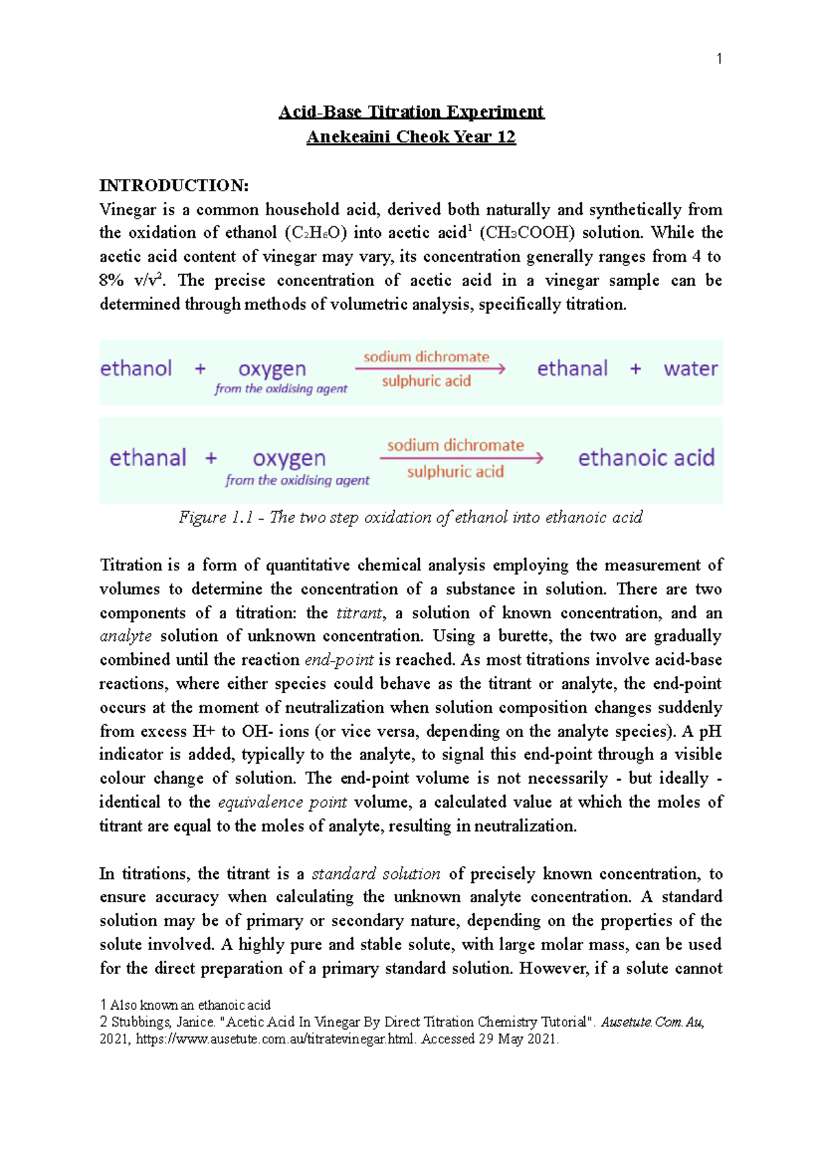 Titration Report Titrating Acetic Acid and NaOH AcidBase Titration