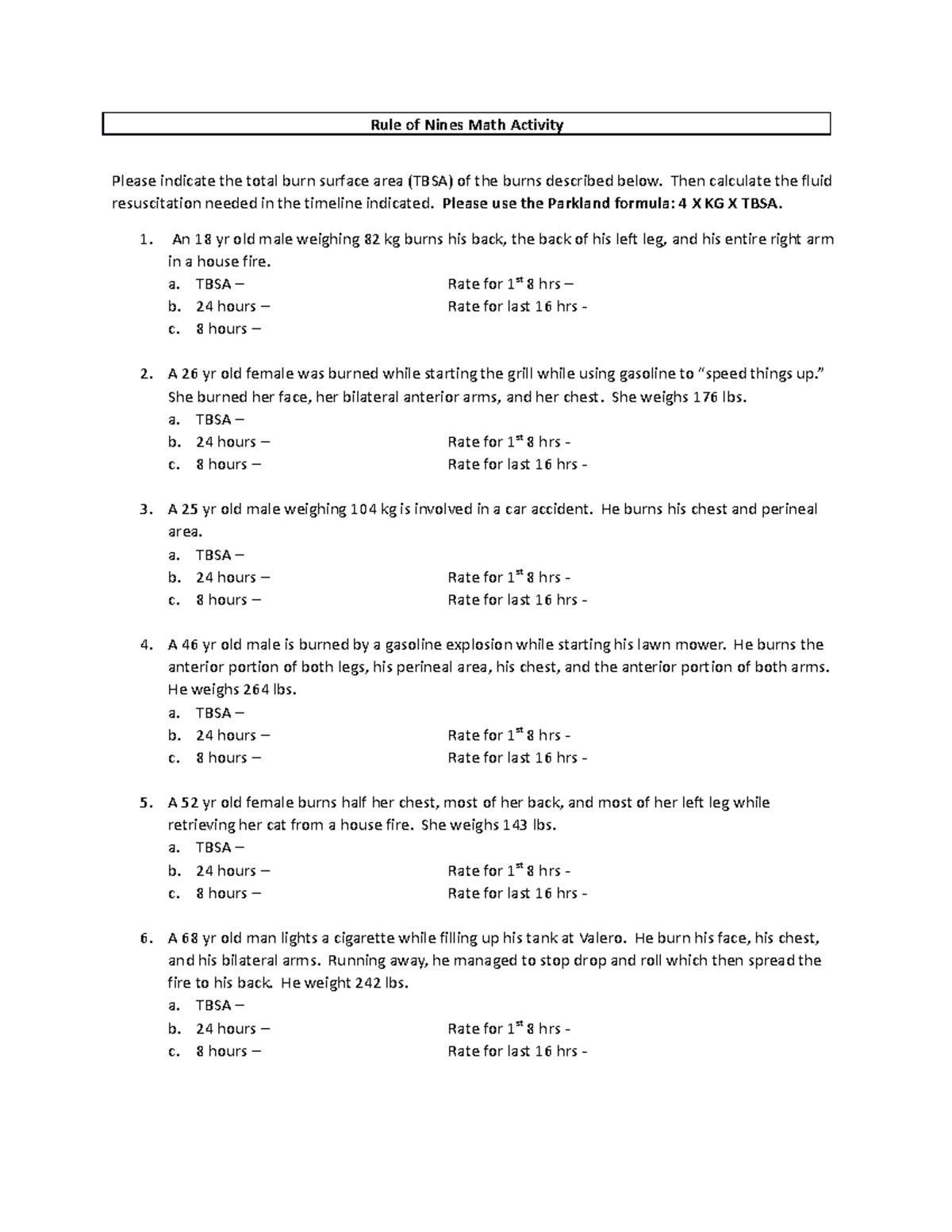 Rule of Nines Worksheet - Rule of Nines Math Activity Please indicate ...