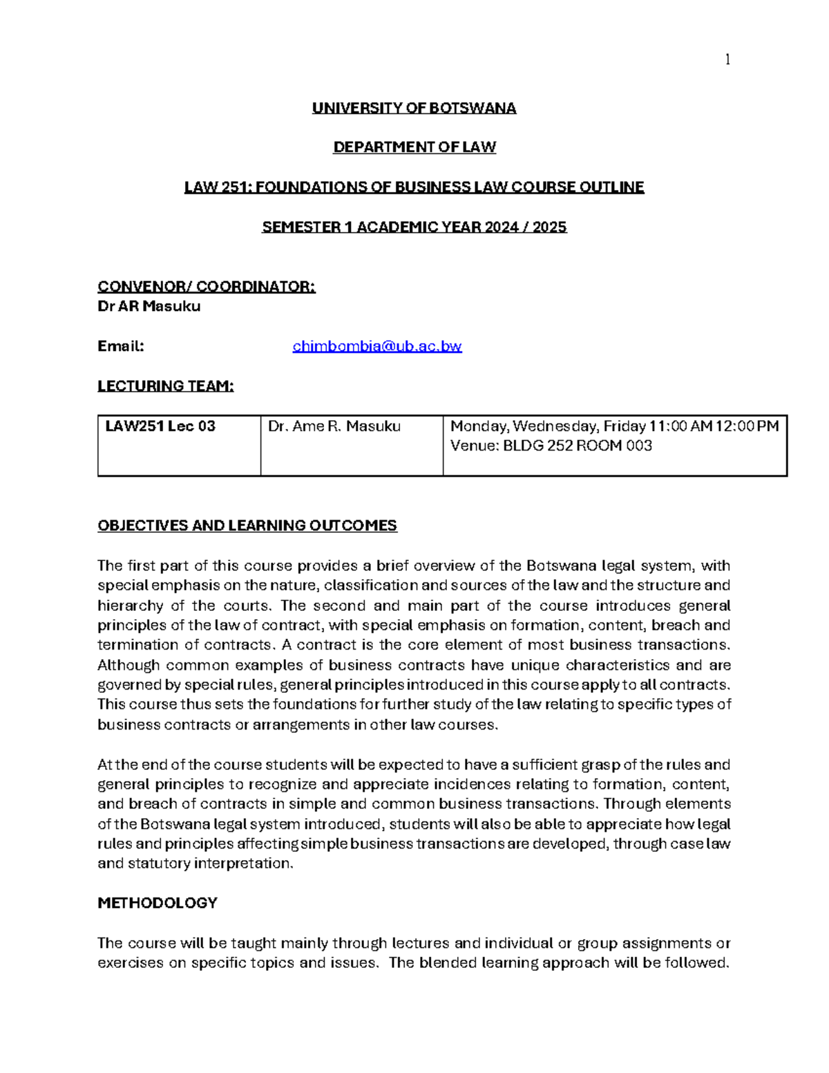 Law 251 Course Outline 2024-1 - UNIVERSITY OF BOTSWANA DEPARTMENT OF ...