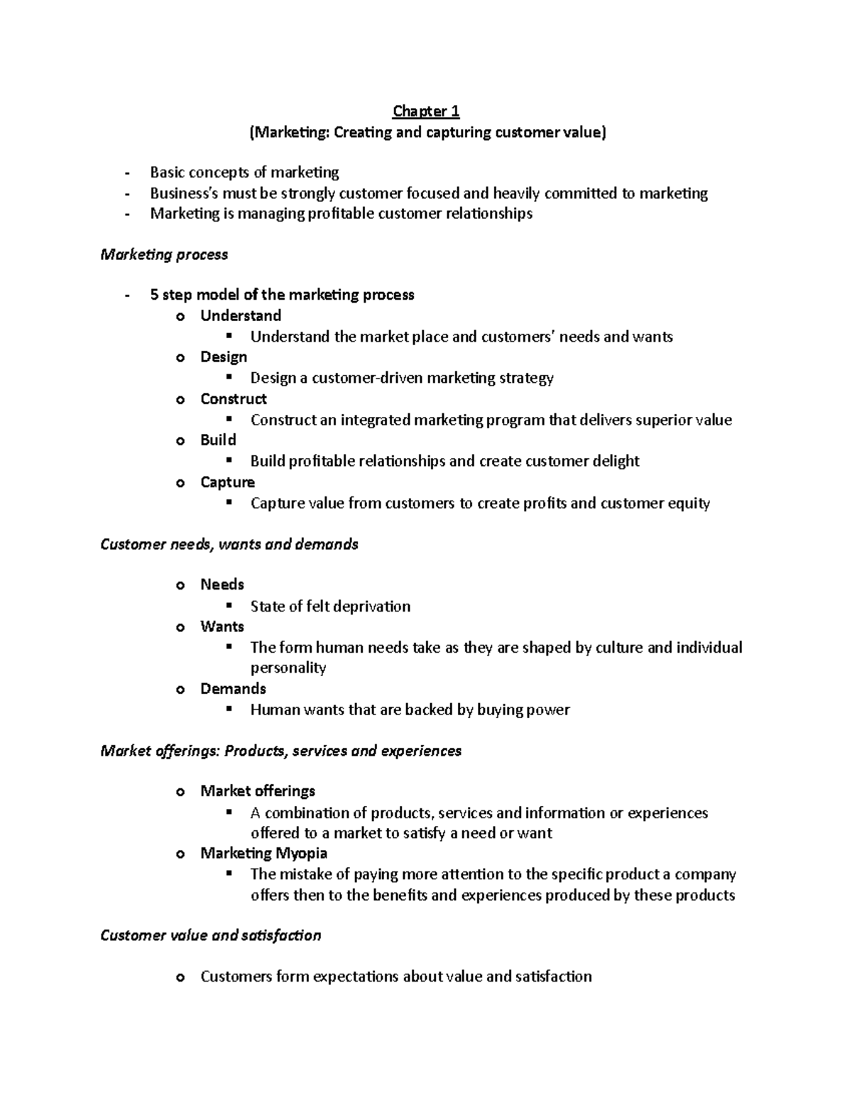 Notes from textbook (Marketing) - Chapter 1 (Marketing: Creating and ...