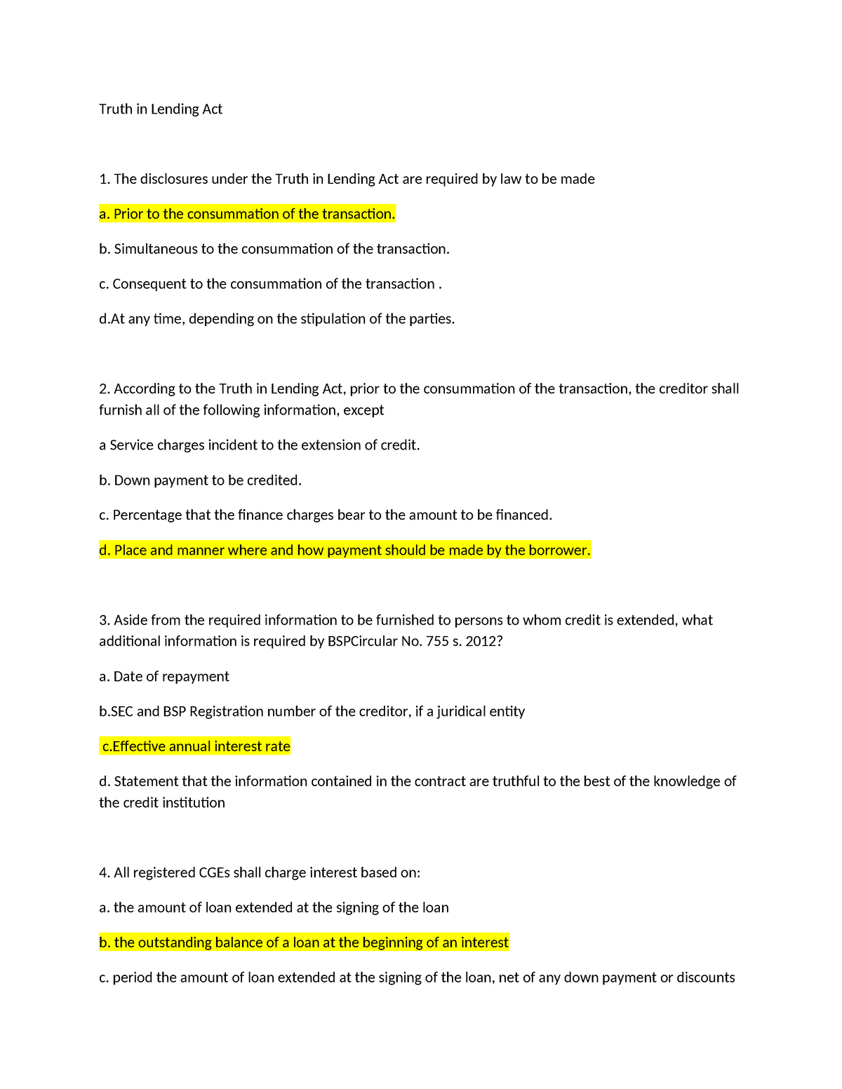 Truth in Lending Act - Attached file serve as your practice material ...