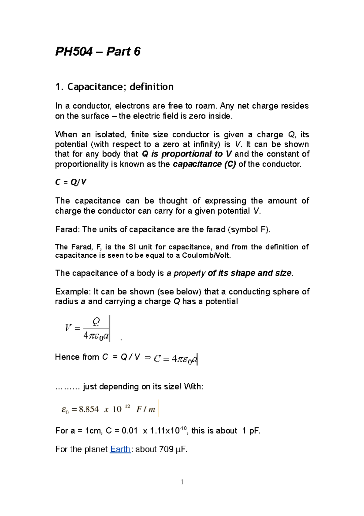 Lecture Notes Lecture 6 Ph504 Part 6 1 Capacitance Definition In A Conductor Electrons Are Studocu