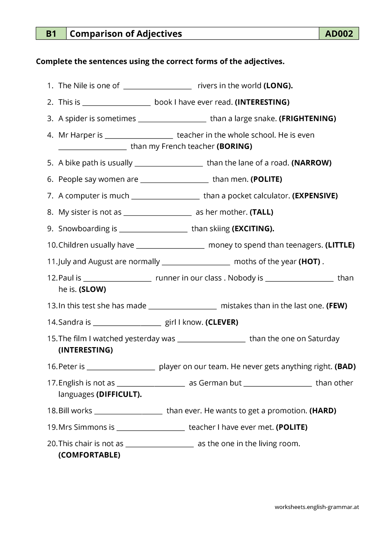 Comparison Exercises Of Adjectives - Worksheets.english-grammar B1 ...