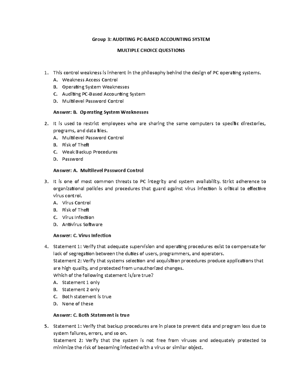 Group 3 - Multiple Choice Questions - Group 3: AUDITING PC-BASED ...