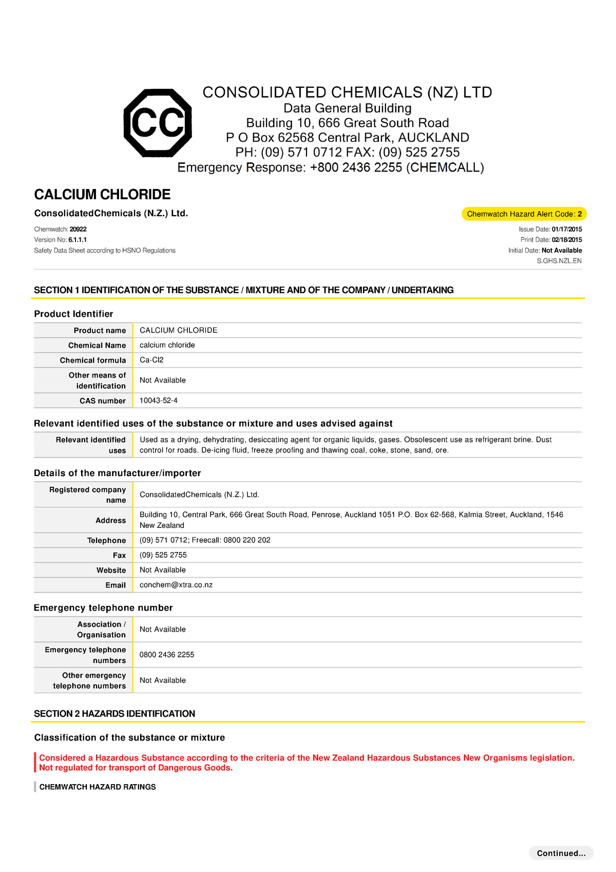 MSDS Calcium-Chloride - ConsolidatedChemicals (N.) Ltd. Chemwatch