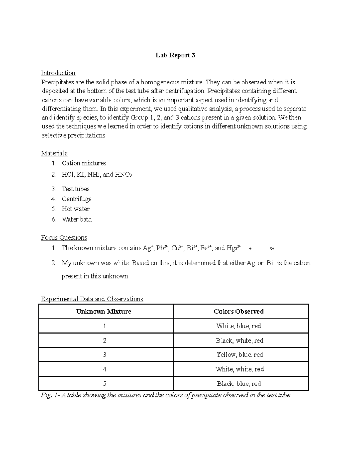 Lab report 3Chem 106 Lab Report 3 Introduction Precipitates are the