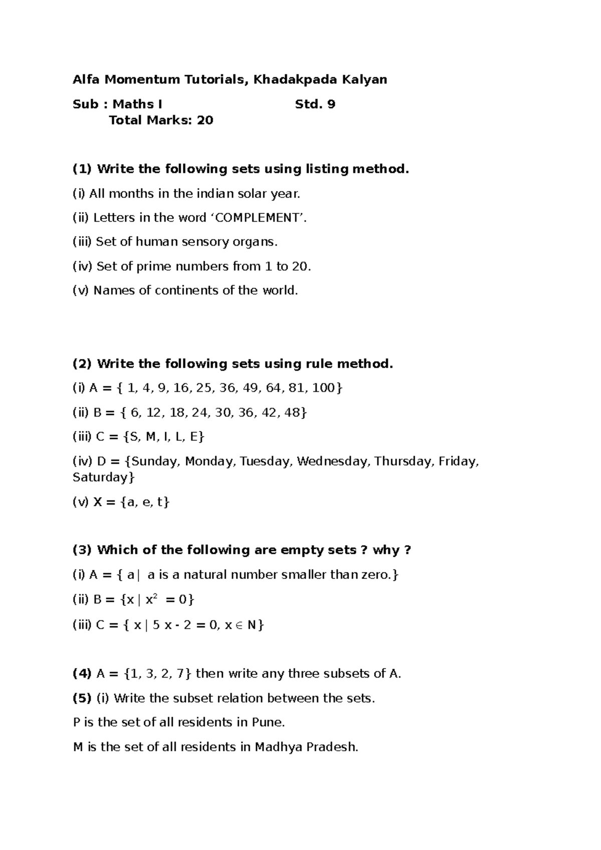 MAth 1 Sets - Alfa Momentum Tutorials, Khadakpada Kalyan Sub : Maths I ...