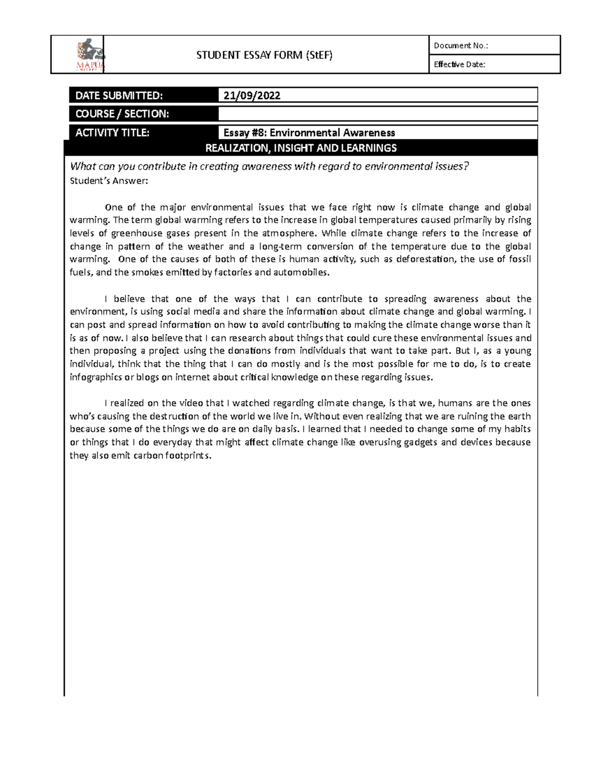 Form - NSTP100 Essay #8 - STUDENT ESSAY FORM (StEF) Document No ...