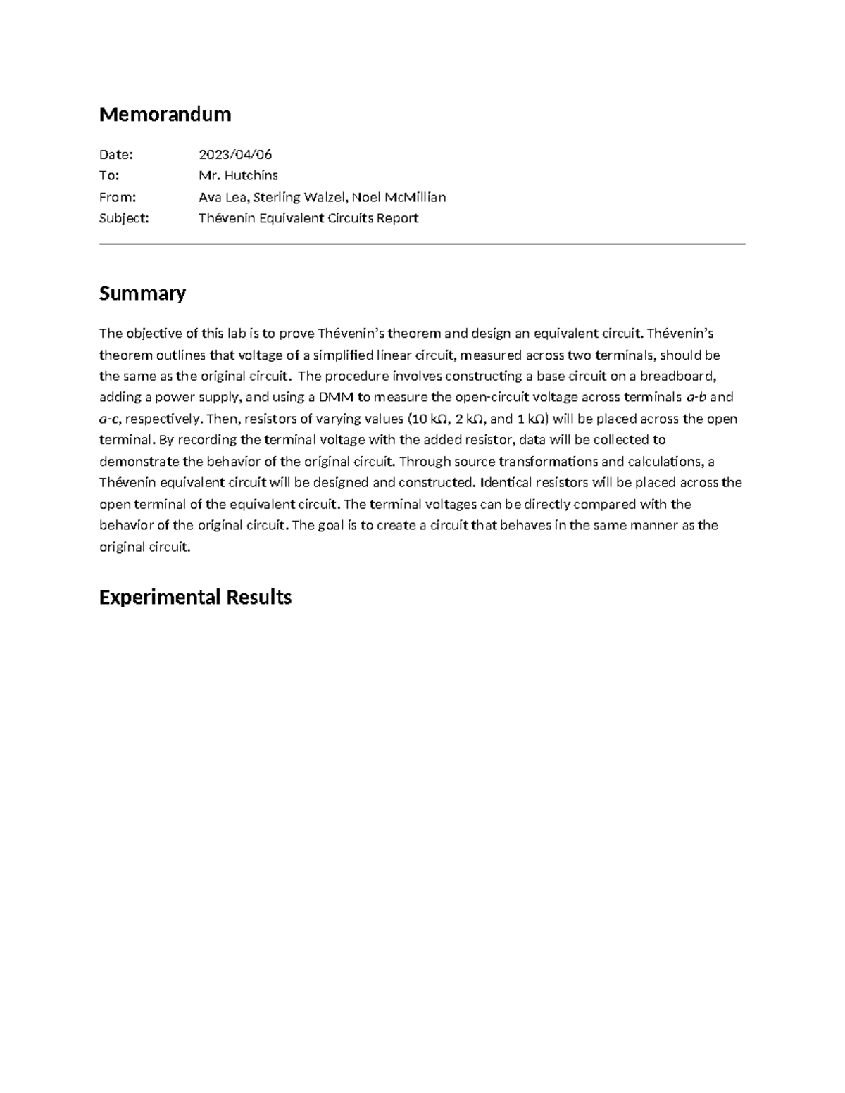 Lab 8 report memorandum date 2023 04 to mr hutchins from ava lea