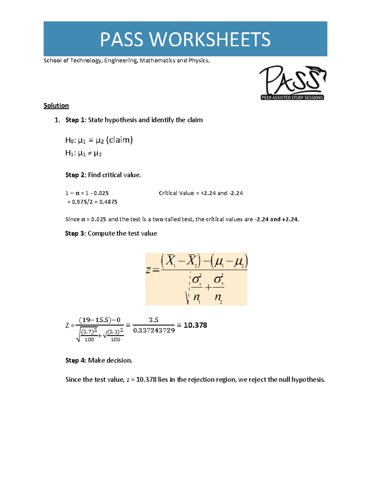 WK 12 ST130 Testing The Equality Of Two Means Worksheet Solutions ...