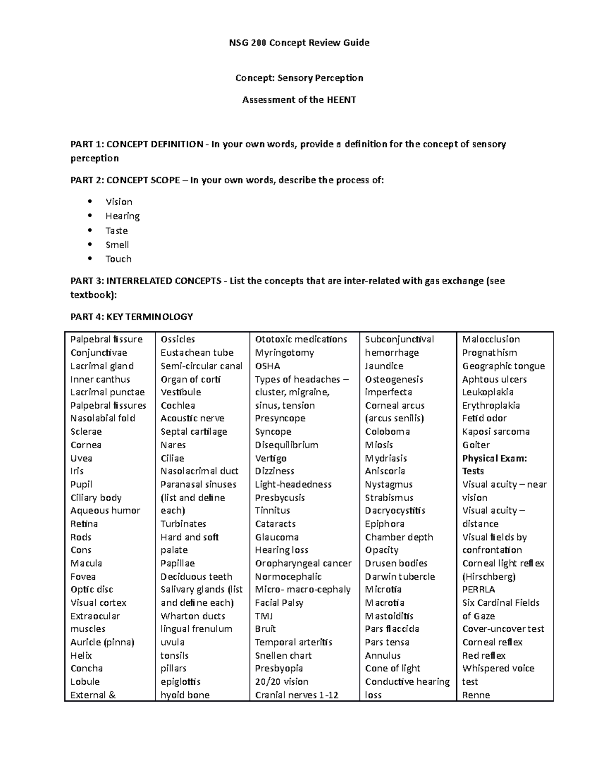 Concept Review Guide Sensory Perception1 Concept Sensory Perception