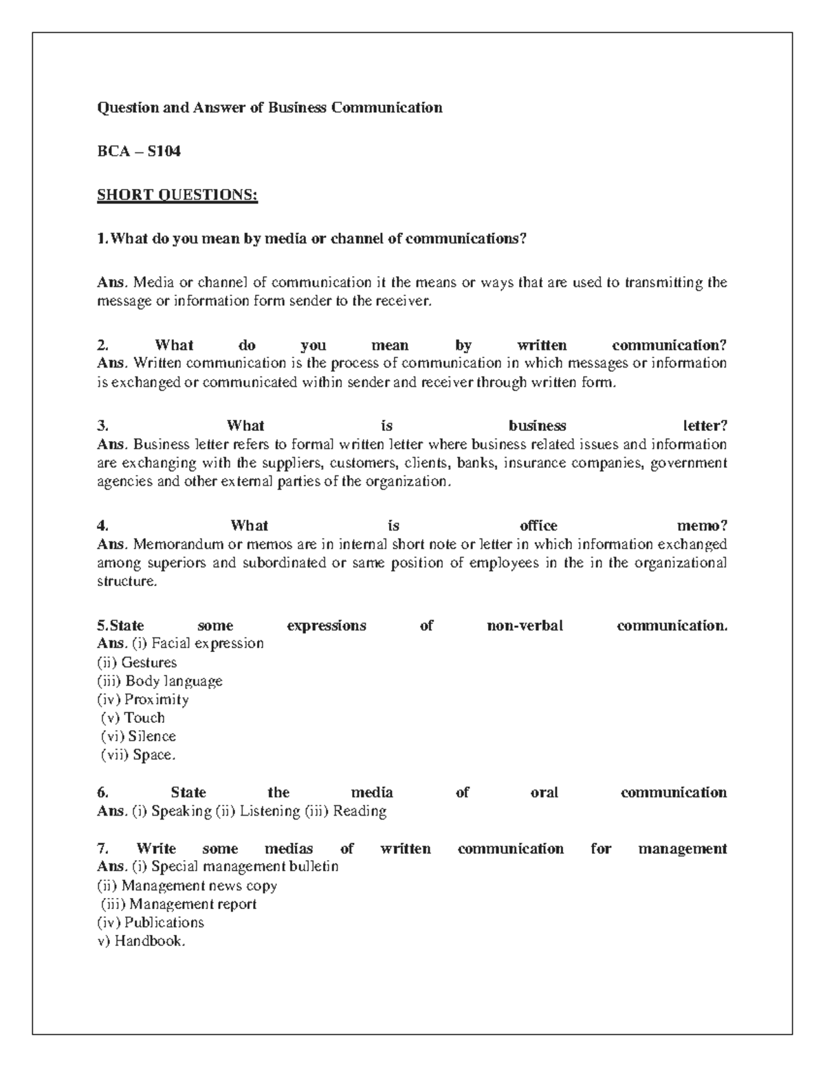 Question and answer of business communication Question and Answer of
