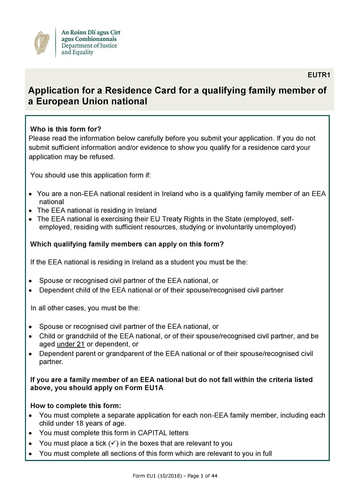 Form EUTR1 Irish Residence Card EUTR1 Application For A Residence 