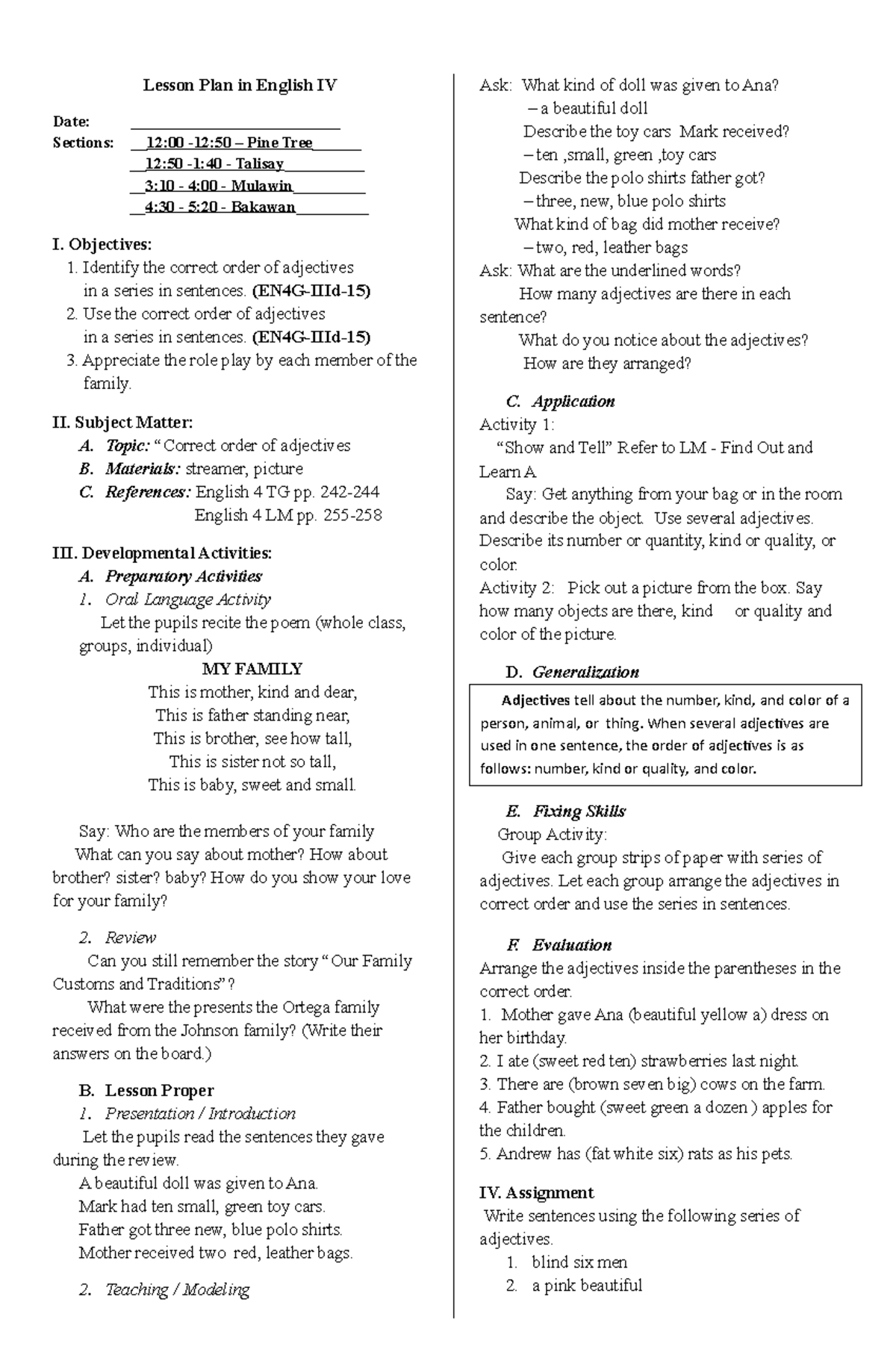 Lesson 10 Order of Adjectives - Lesson Plan in English IV Date