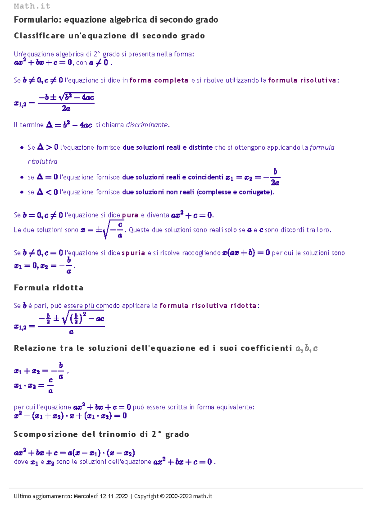 Math.it - Formulario equazioni algebriche di secondo grado - Classi fi ...