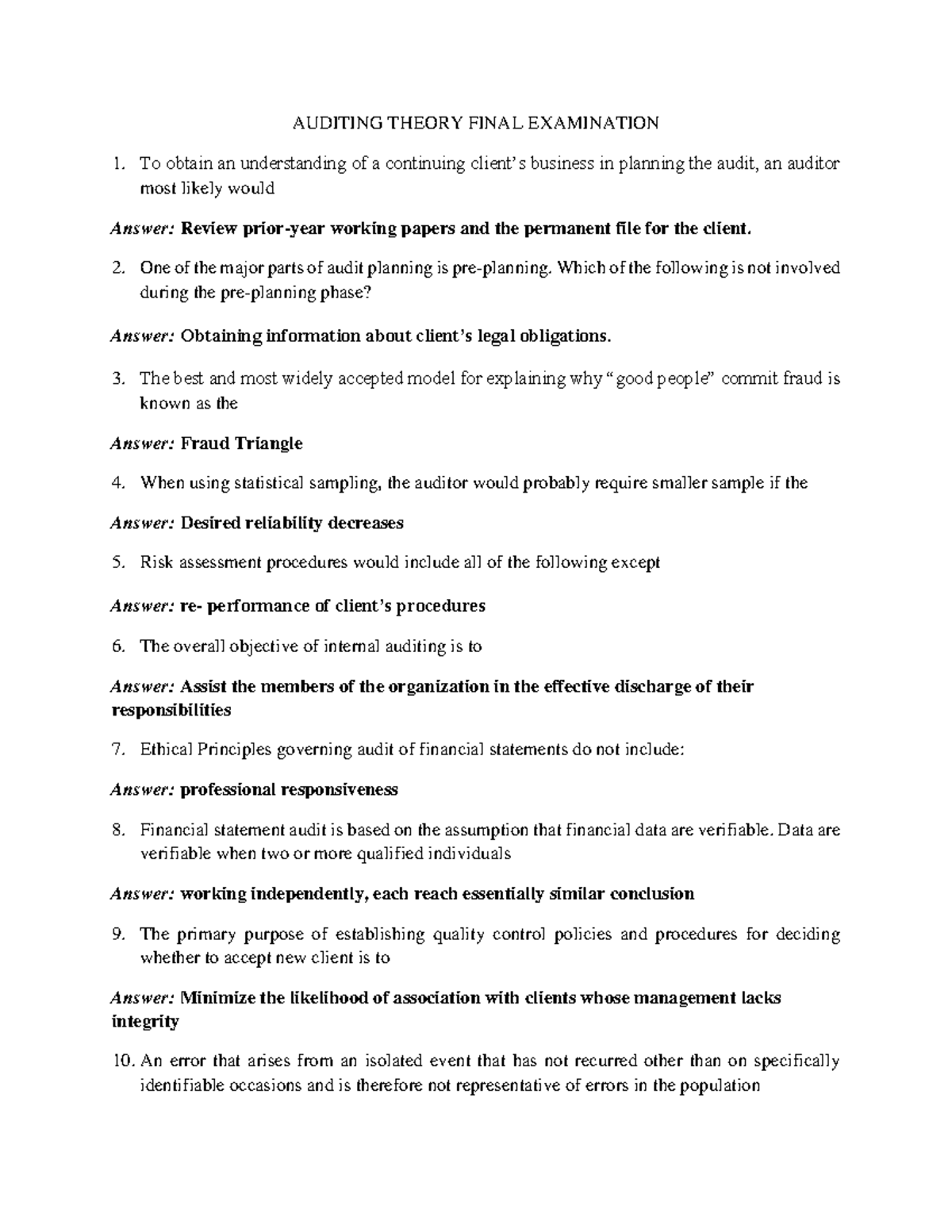 Auditing Theory Finals Comprehensive Examination AUDITING THEORY