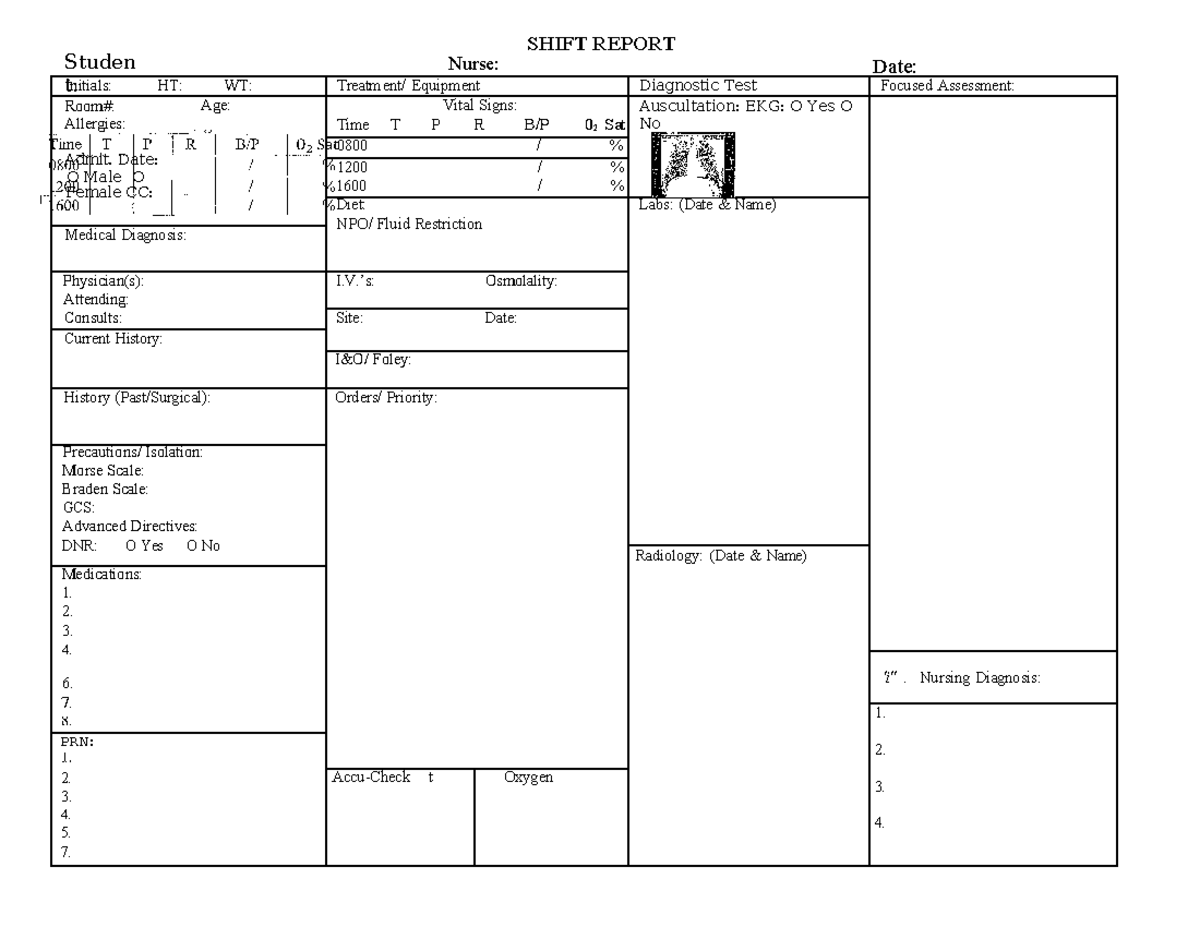 Shift report Template in word - Studen t: Nurse: SHIFT REPORT Date ...
