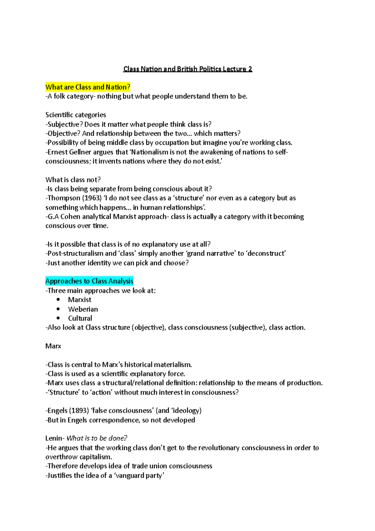 Lecture 2 notes - Class Nation and British Politics Lecture 2 What are ...