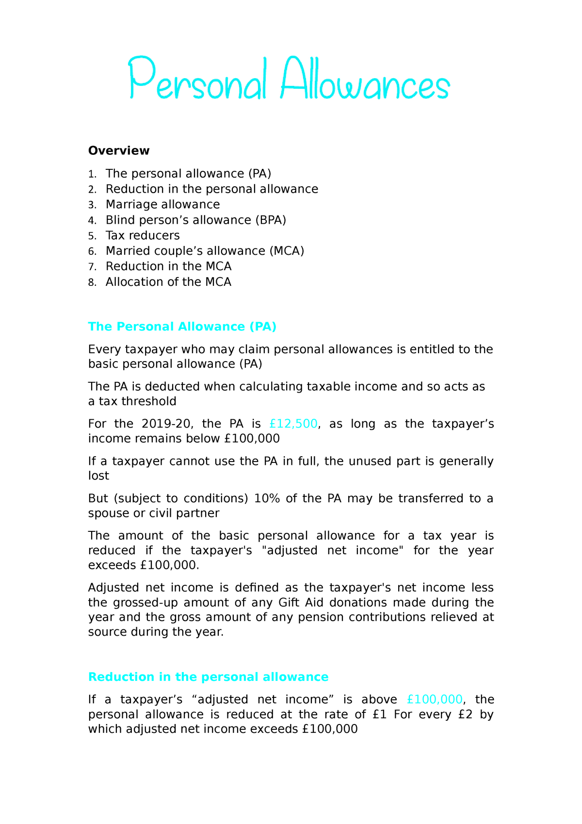 Chapter 3 Personal Allowances Overview The personal allowance (PA