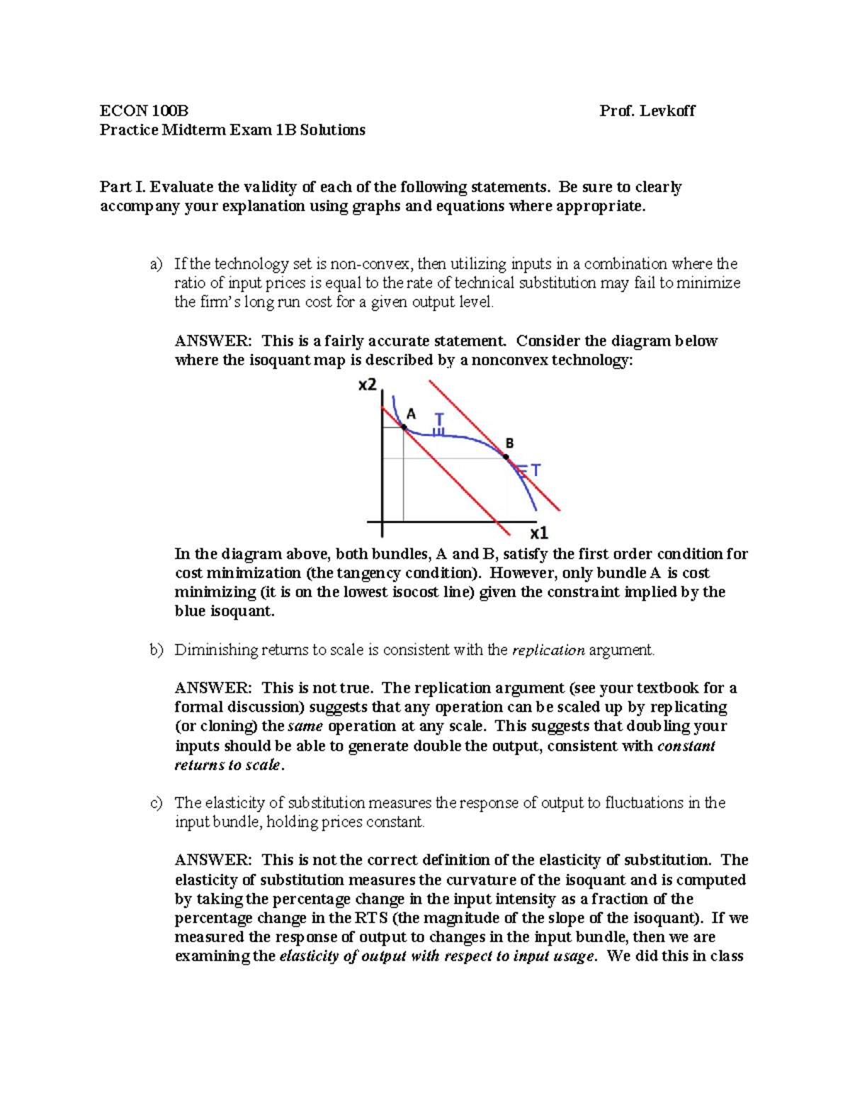 Practice Midterm Exam 1B Solutions - ECON 100B Prof. Levkoff Practice ...