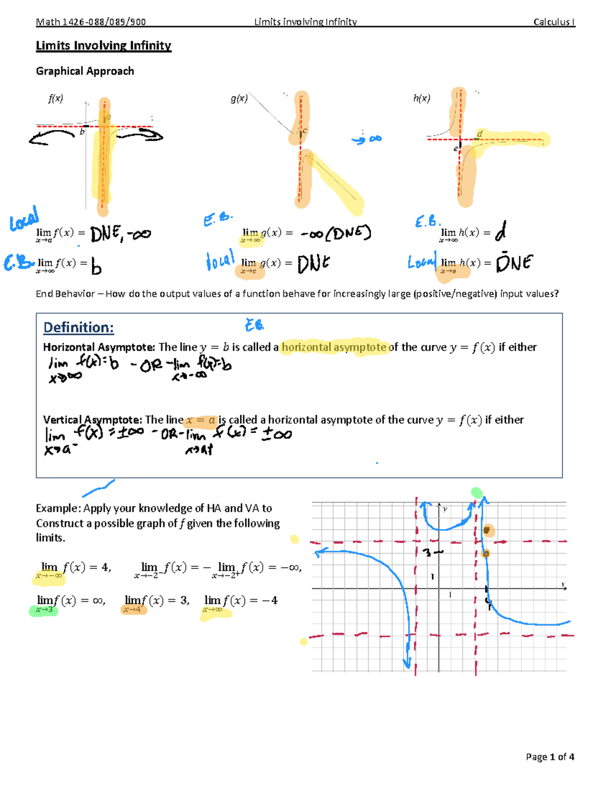 1.4 Limits involving Infinity - lim 𝕥→−∞ ÿ ( ý ) = 4, lim 𝕥→− 2 ÿ ( ý ...