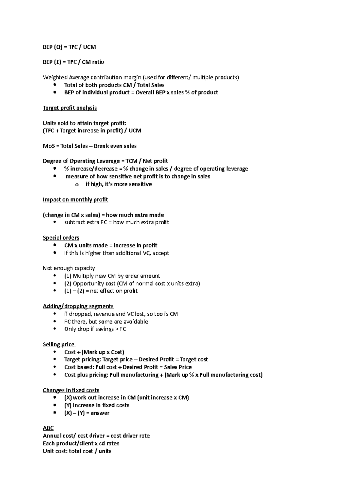 Finance cheat sheet - revision notes and equations - BEP (Q) = TFC ...