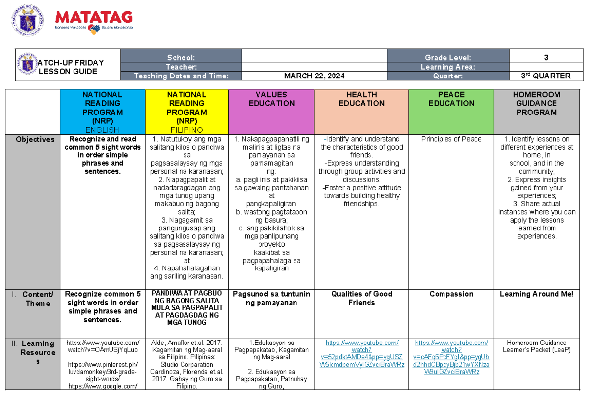 Grade 3 Catch UP March 222024 - CATCH-UP FRIDAY LESSON GUIDE School ...