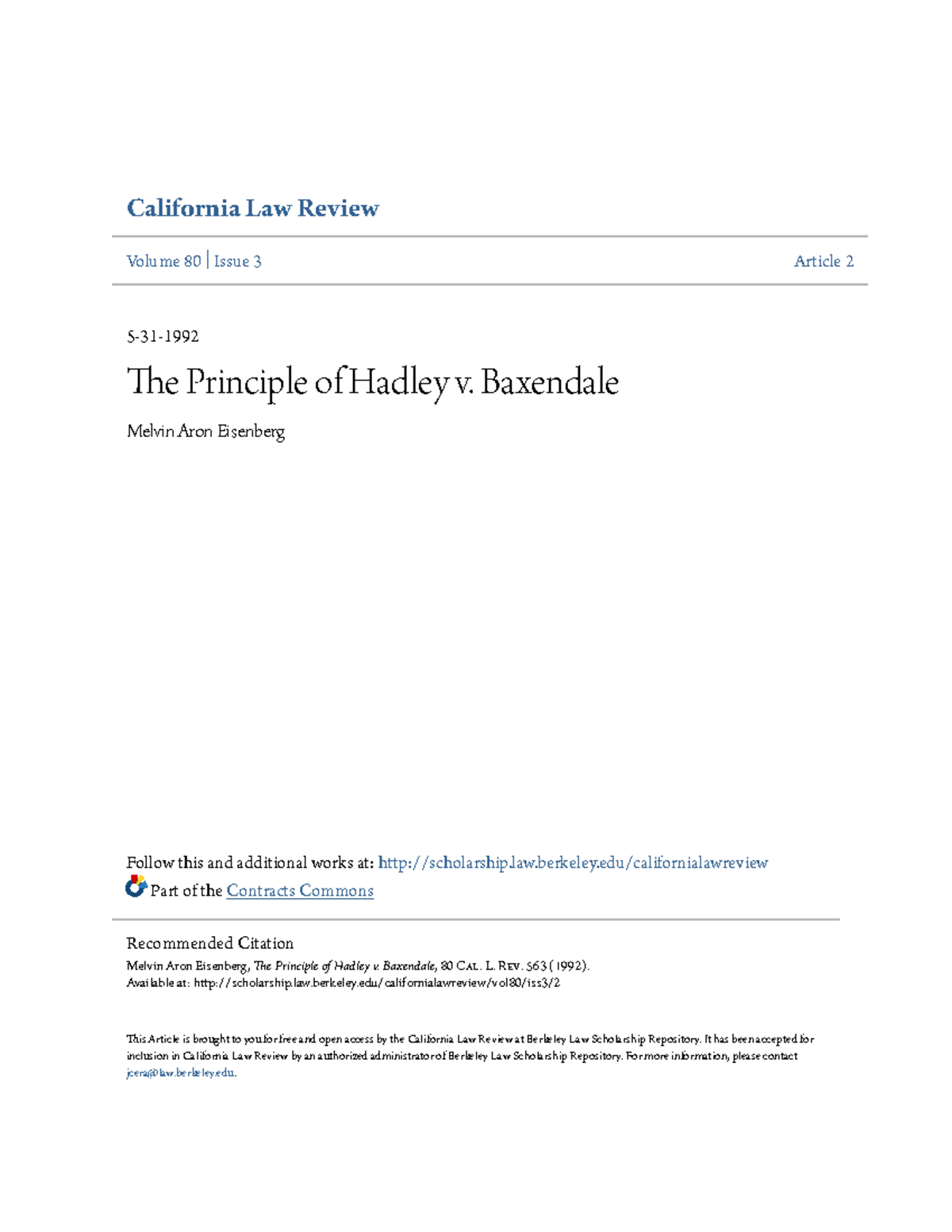 Contracts The Principle of Hadley v. Baxendale California Law