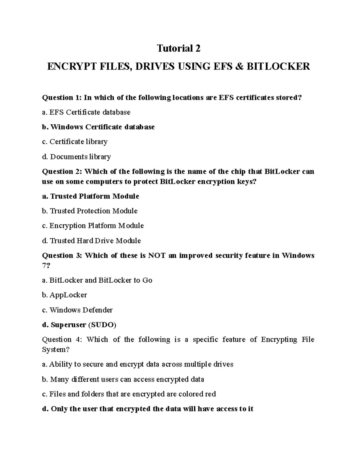 Quiz from Tutorial NSE CLC Tutorial 2 ENCRYPT FILES, DRIVES USING