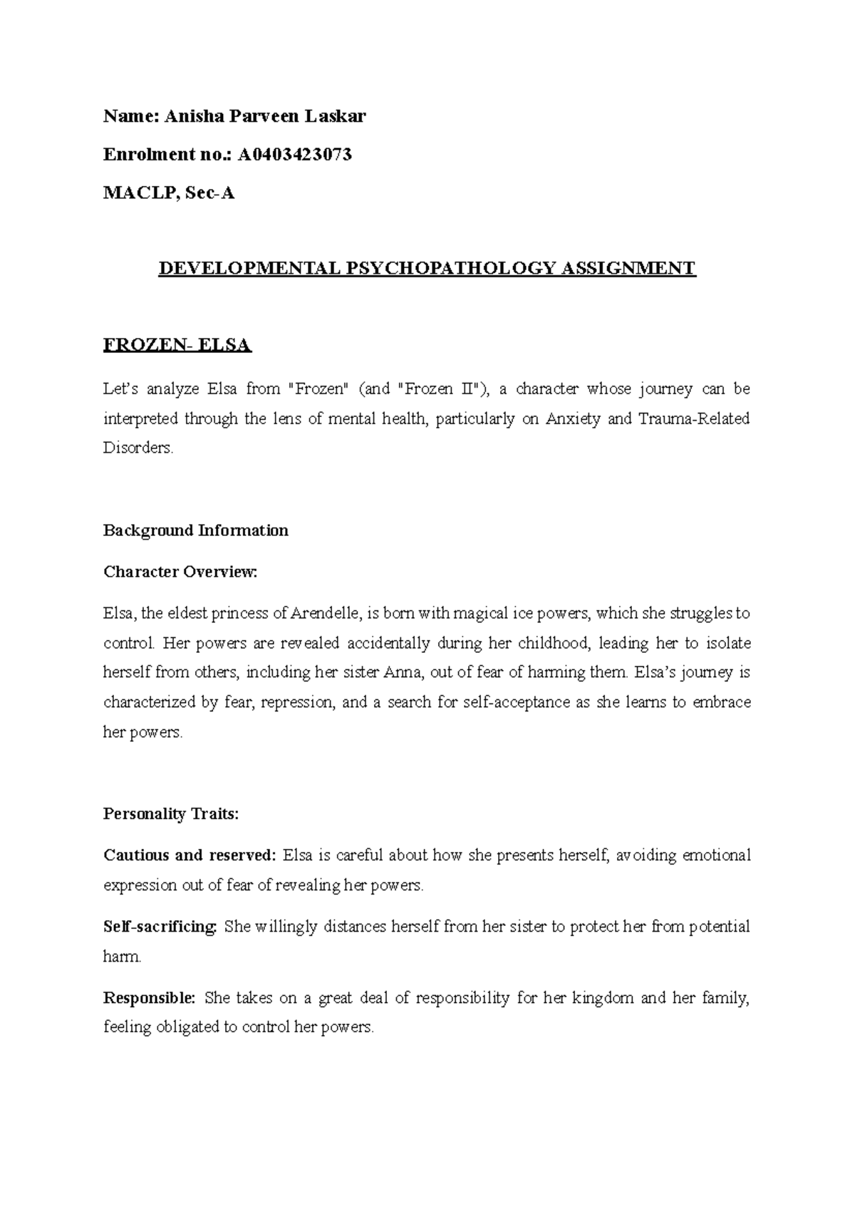 assignment-developmental psychopathology - Name: Anisha Parveen Laskar ...