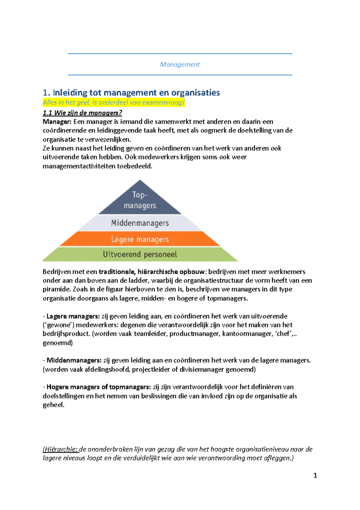 Samenvatting Management Zelf Bewerkt - Management 1. Inleiding Tot ...