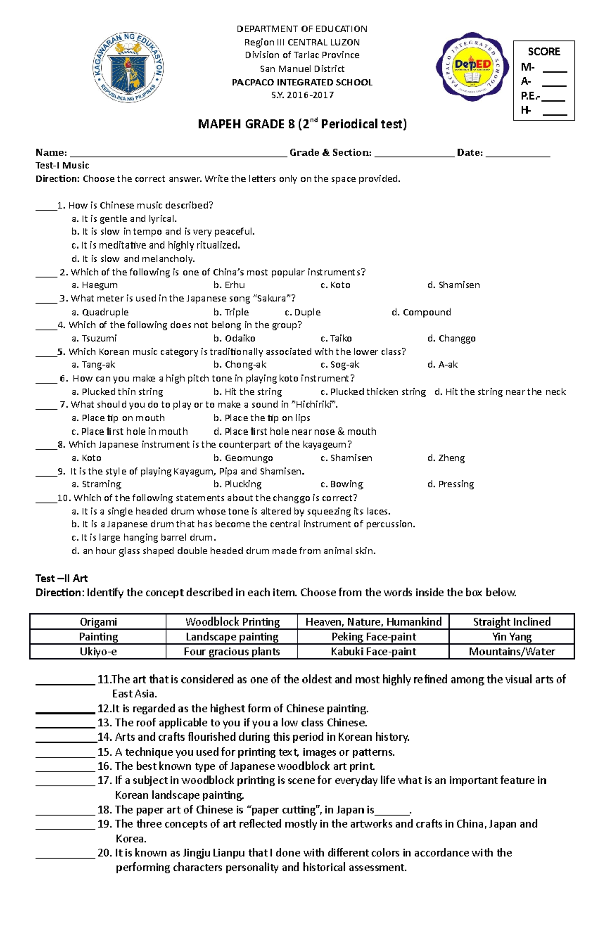 334462725 2nd Exam Mapeh 8 With T O S Docx - DEPARTMENT OF EDUCATION ...