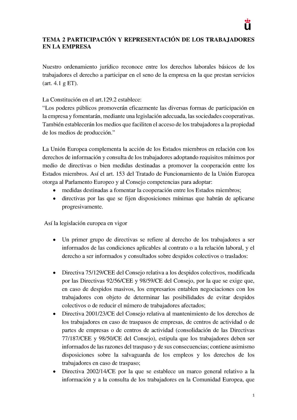 TEMA 2 LA ParticipacióN Y RepresentacióN DE LOS Trabajadores EN LA ...