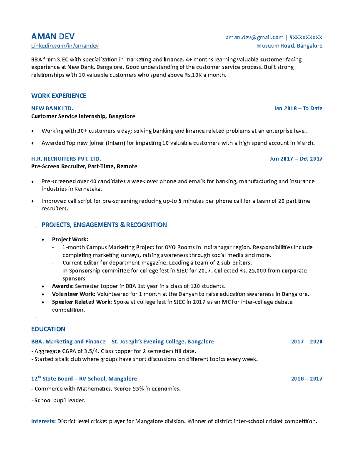 Sample resume template (filled) - AMAN DEV aman@gmail | 9XXXXXXXXX ...