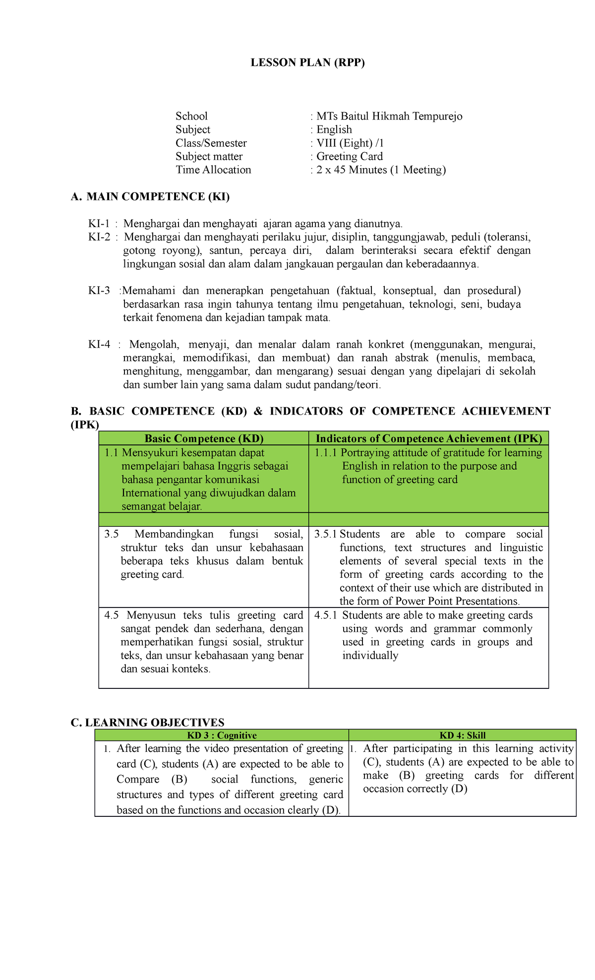 RPP Supervisi 2023 Greeting CARD LESSON PLAN (RPP) School MTs