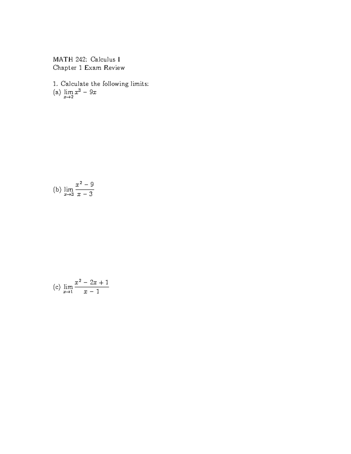 Exam1review - Exam review - 1 - MATH 242: Calculus I Chapter 1 Exam ...