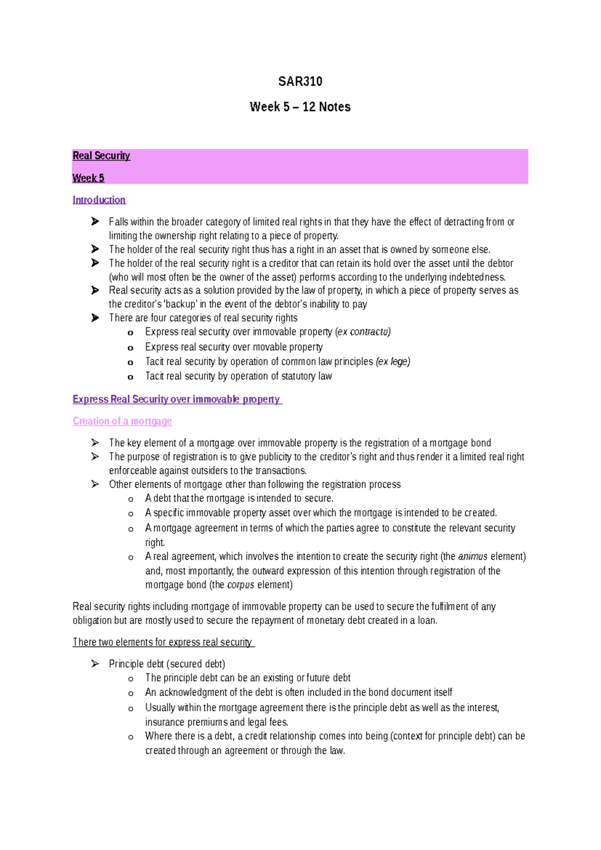 Semester Test Notes Week 5-12 (SAR310) - SAR Week 5 – 12 Notes Real ...