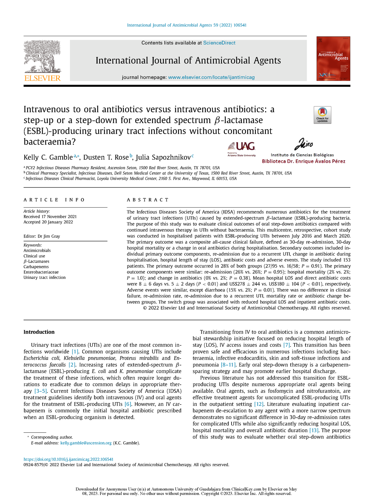 Artículo Uro - International Journal of Antimicrobial Agents 59 (2022 ...