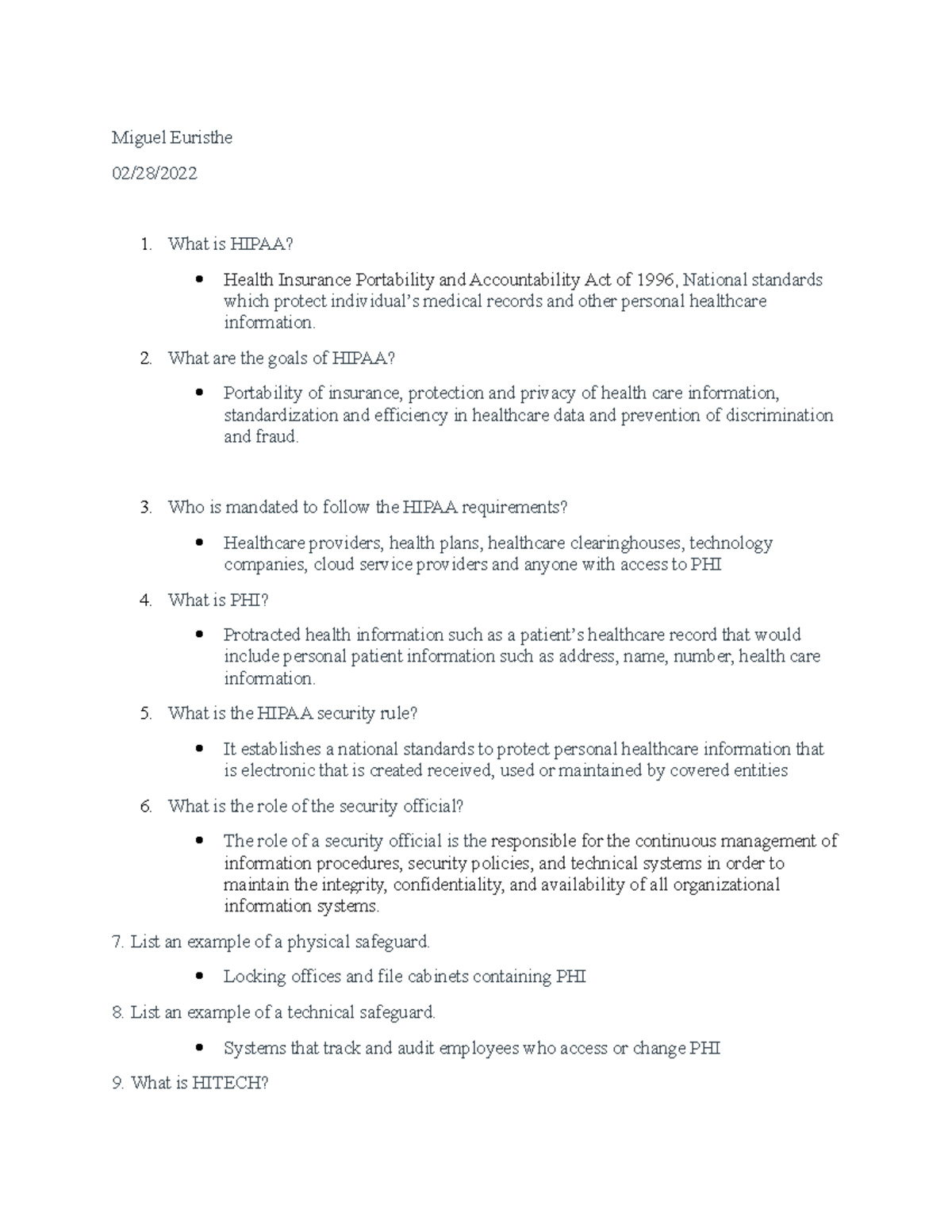 What is Hipaa - notes - Miguel Euristhe 02/28/ What is HIPAA? Health ...